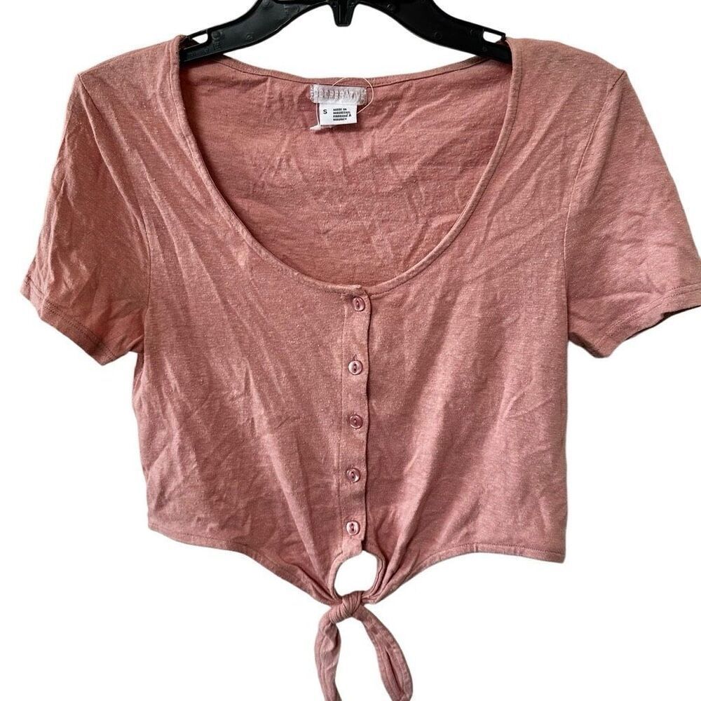 Coopertive pink short sleeved cropped tie front top